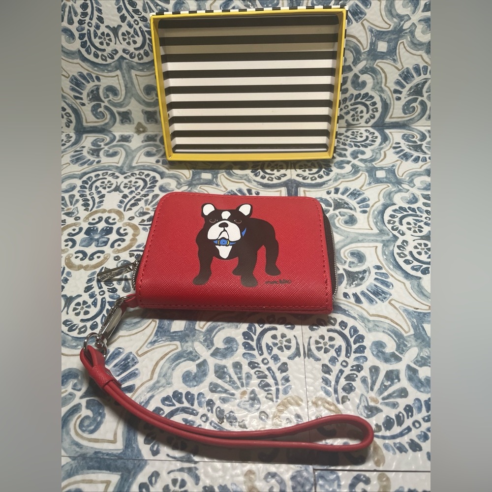 Marc Tetro French Bulldog Red Synthetic Saffiano Zip Around Wallet/Wristlet